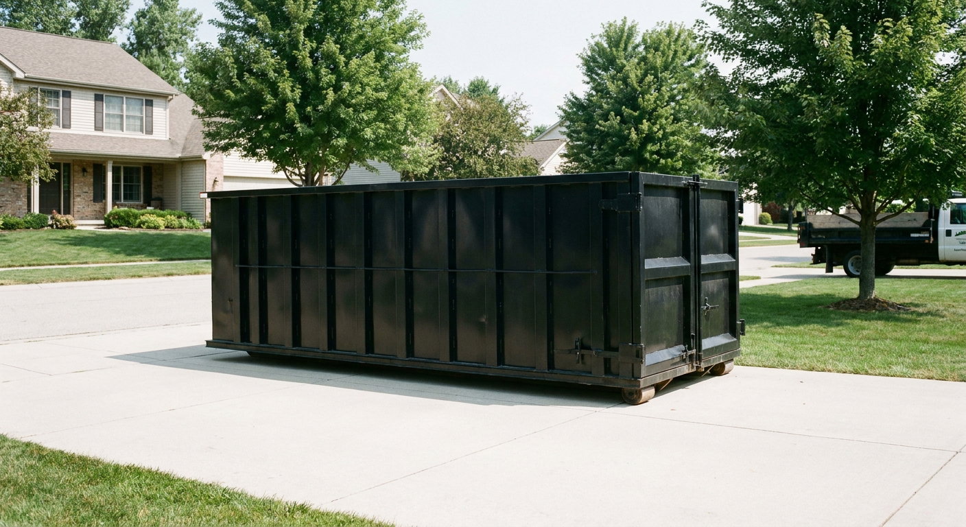 Matte-black 20-yard roll-off dumpster sitting level on a clean Jersey City residential concrete driveway under bright daylight, demonstrating clean placement directly on the concrete.