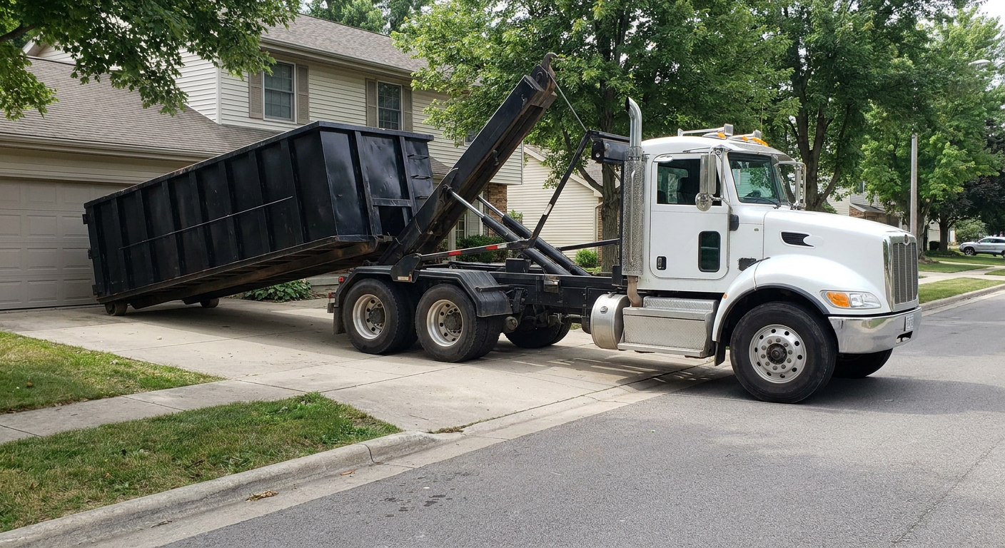 White-cab hooklift roll-off truck actively lowering a matte-black dumpster onto a Jersey City residential concrete driveway, the dumpster's rear wheels touching the driveway as the hoist arm tilts the bed forward, mid-morning daylight.