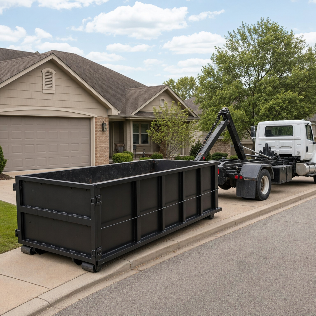 Wide documentary shot of a matte-black roll-off dumpster on a Jersey City residential driveway in the foreground and a contractor jobsite container in the soft-focus background, bright daylight, calm and orderly composition.