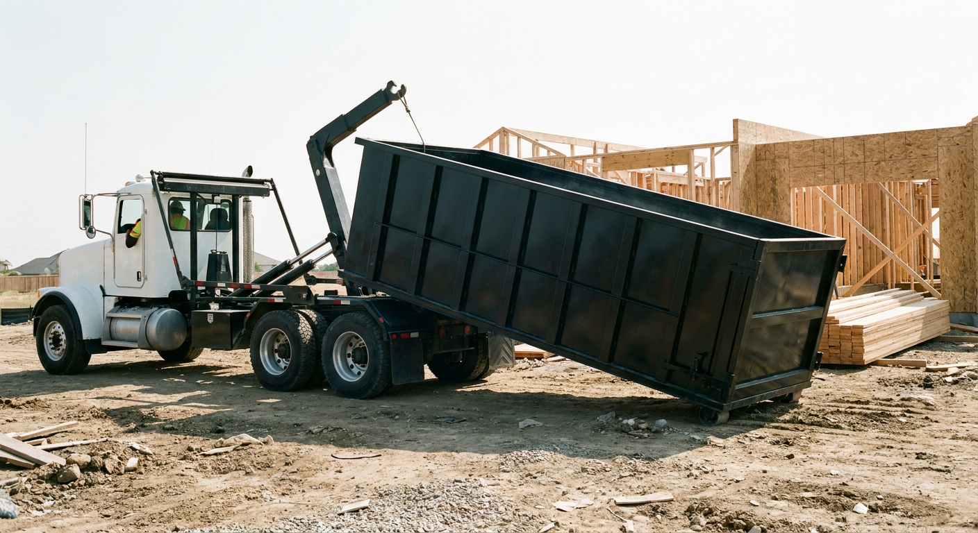 Matte-black roll-off dumpster being delivered onto a clean residential concrete driveway in Jersey City by an unmarked white hooklift hauler truck, bright morning daylight, documentary 35mm perspective.